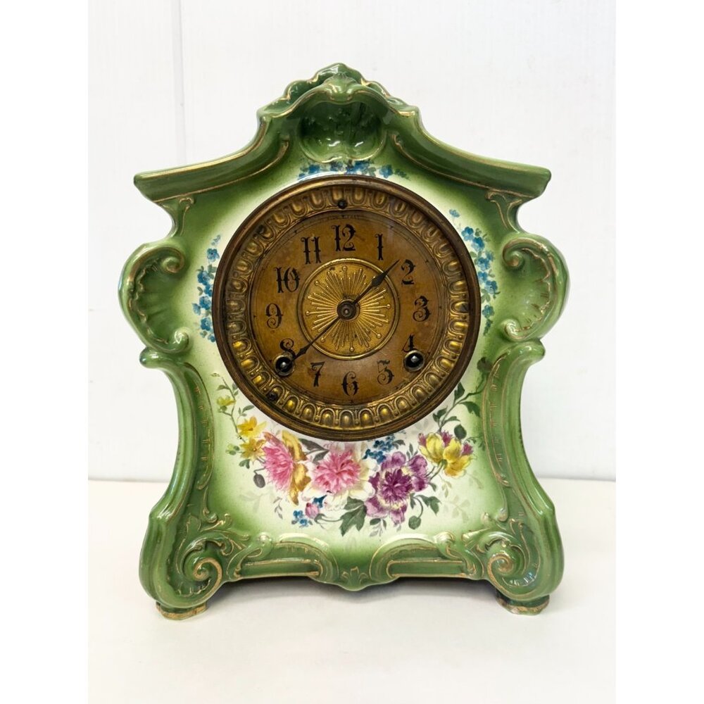 Antique Victorian Royal Bonn Germany Green Porcelain La Fontaina Ansonia Clock